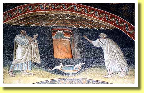 イタリアの古都ラヴェンナにあるガラ・プラキディア廟のモザイク画「水盤から水を飲む鳩」