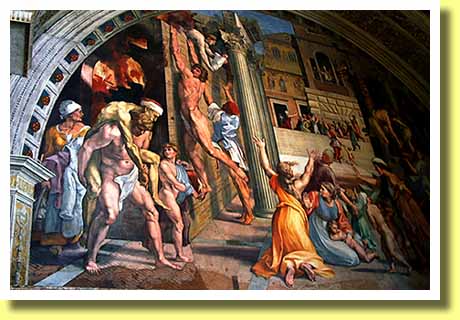 イタリアの首都ローマのヴァティカン美術館・博物館の火災の間で見たラファエロ工房によるフレスコ画「ボルゴの火災」