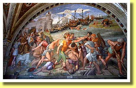 イタリアの首都ローマのヴァティカン美術館・博物館の火災の間で見たラファエロ工房によるフレスコ画「オスティアの戦い」